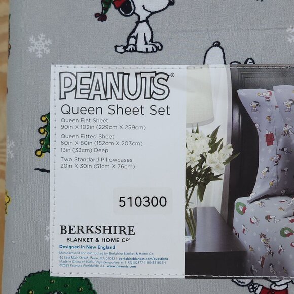 Peanuts Christmas Snoopy Queen Sheet Set Berkshire Holiday Bedding Wreath Tree - Picture 5 of 7